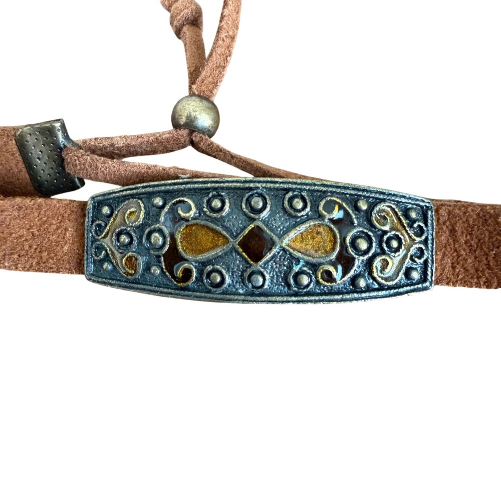Boho Hippie Brown Suede Adjustable Bracelet Silver Tone Scrollwork Amber Enamel